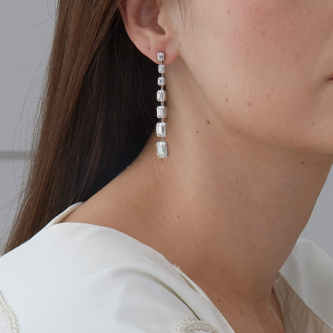 4.53 TCW Baguette & Round Moissanite Diamond Long Drop Earrings