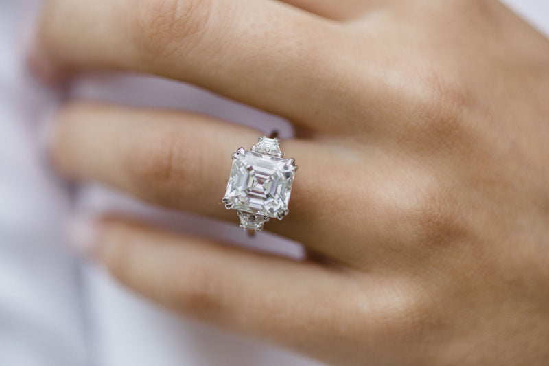 4.10 CT Asscher Three Stone Moissanite Engagement Ring - crownmoissanite