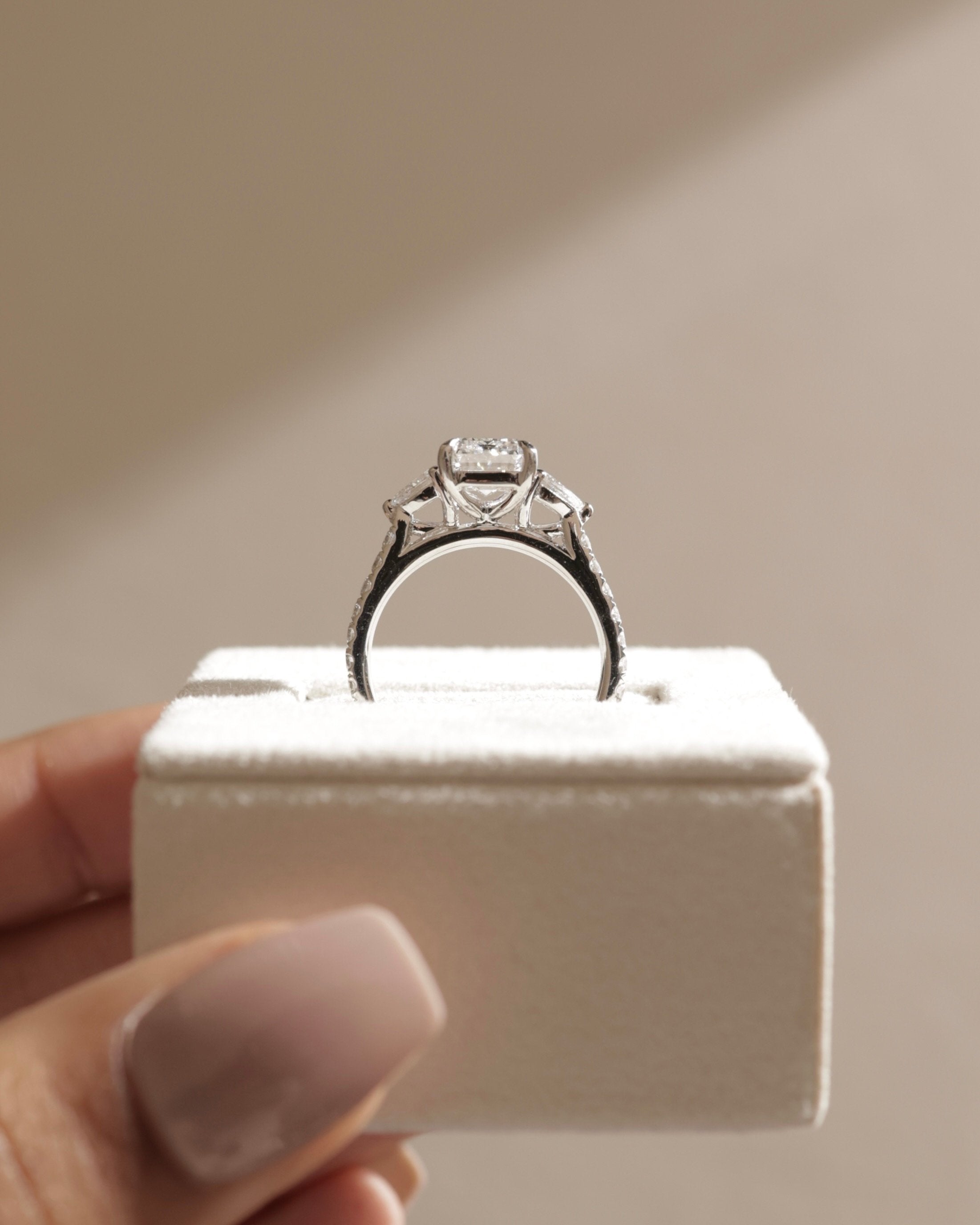 2.0 CT Emerald Cut Moissanite Three Stone & Pave Engagement Ring