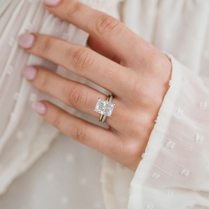 4.20 CT Crushed Ice Radiant Solitaire Hidden Halo Moissanite Engagement Ring - crownmoissanite