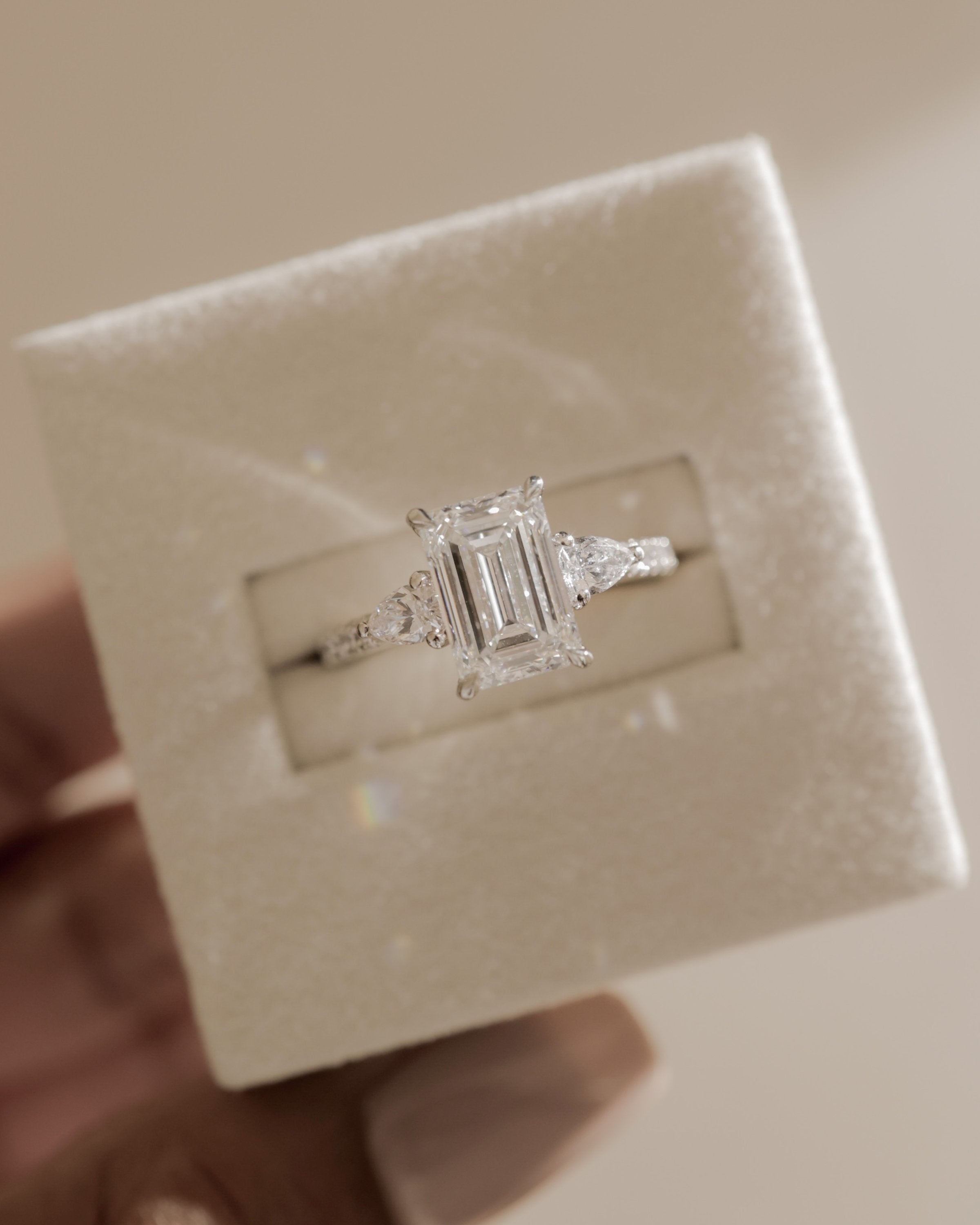 2.0 CT Emerald Cut Moissanite Three Stone & Pave Engagement Ring