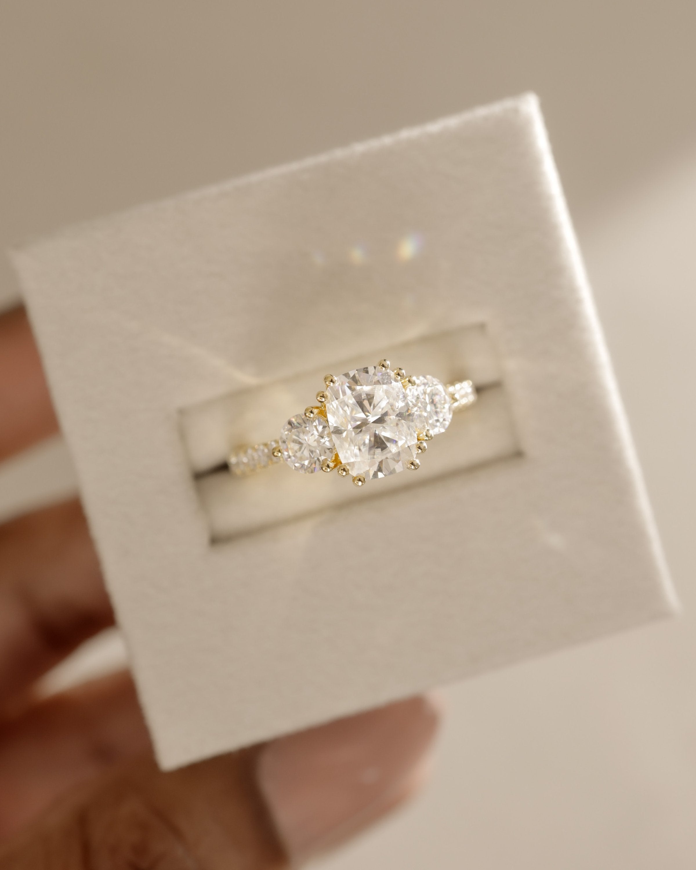 2.0 CT Elongated Cushion Cut Moissanite Three Stone & Pave Engagement Ring