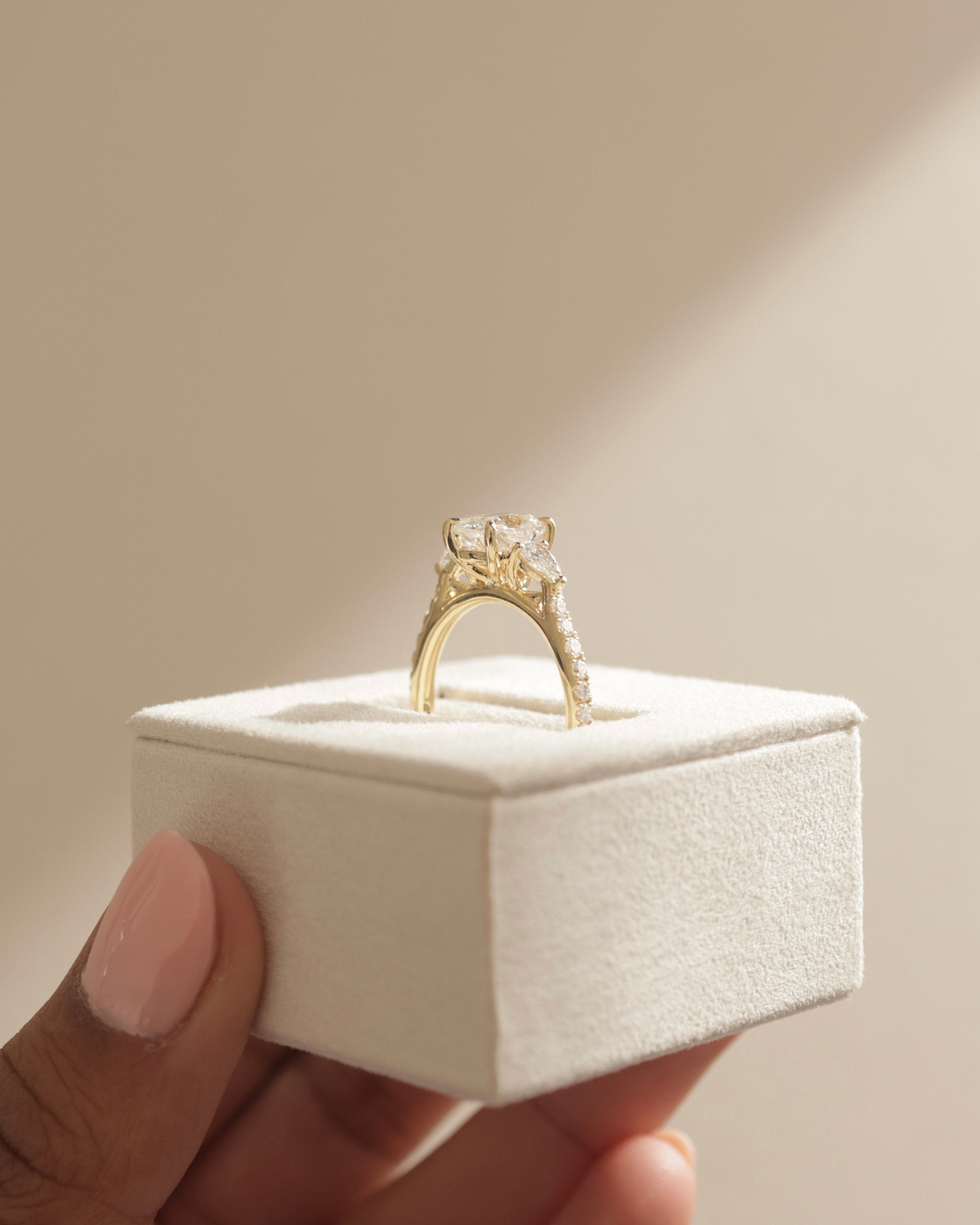 2.0 CT Elongated Cushion Cut Moissanite Three Stone & Pave Engagement Ring