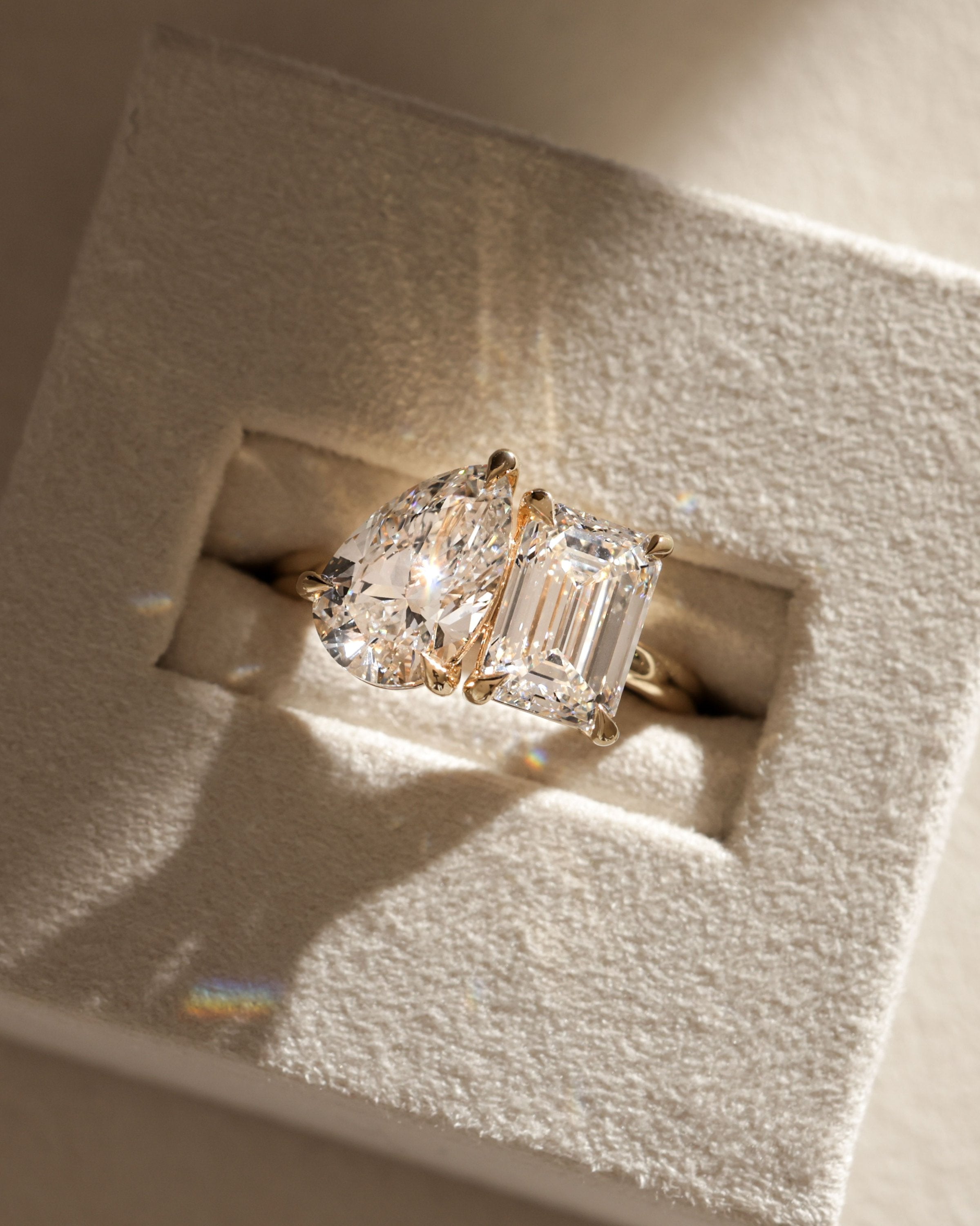 3.30 CT Pear & Emerald Cut Moissanite Two Stone Engagement Ring