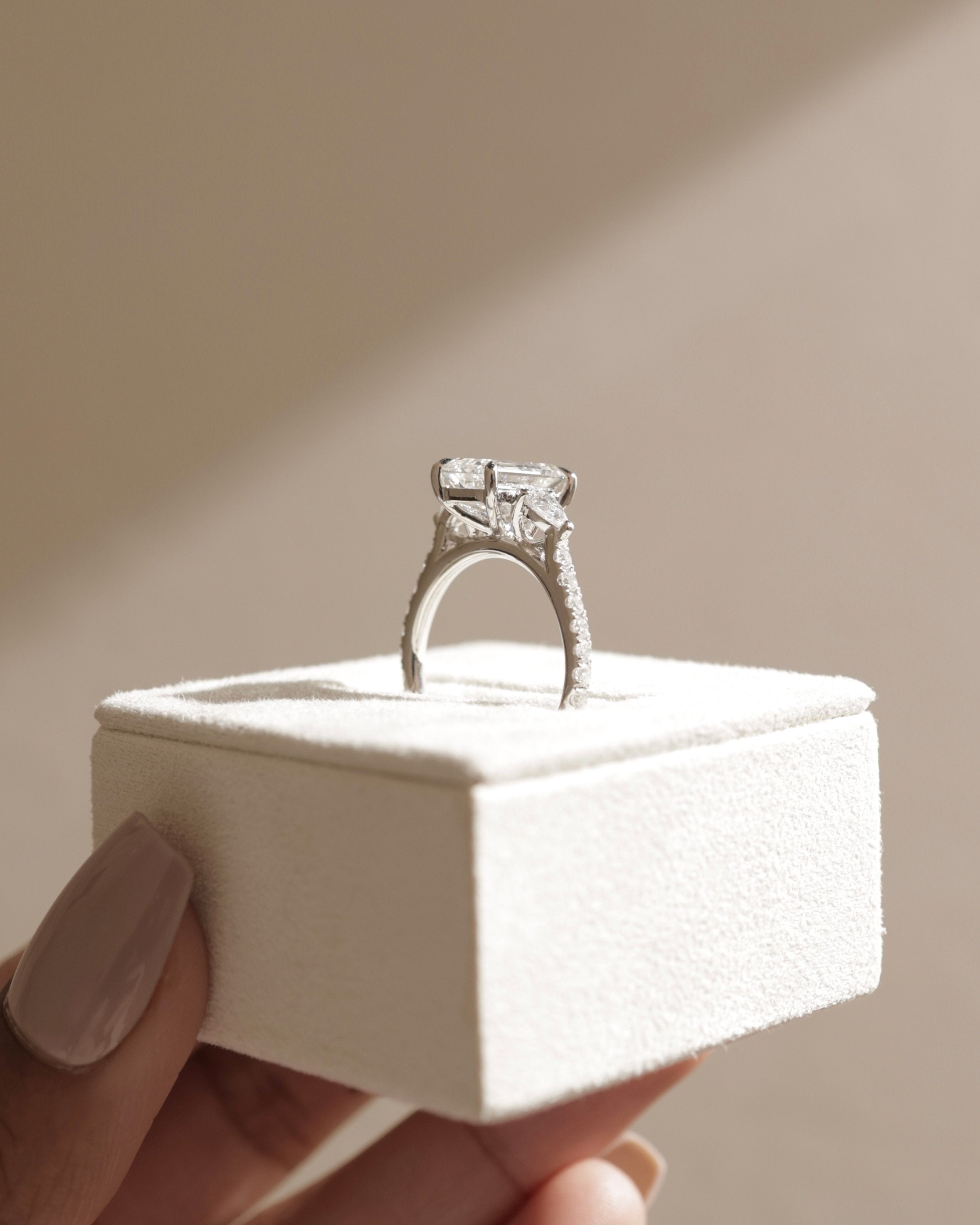 2.0 CT Emerald Cut Moissanite Three Stone & Pave Engagement Ring