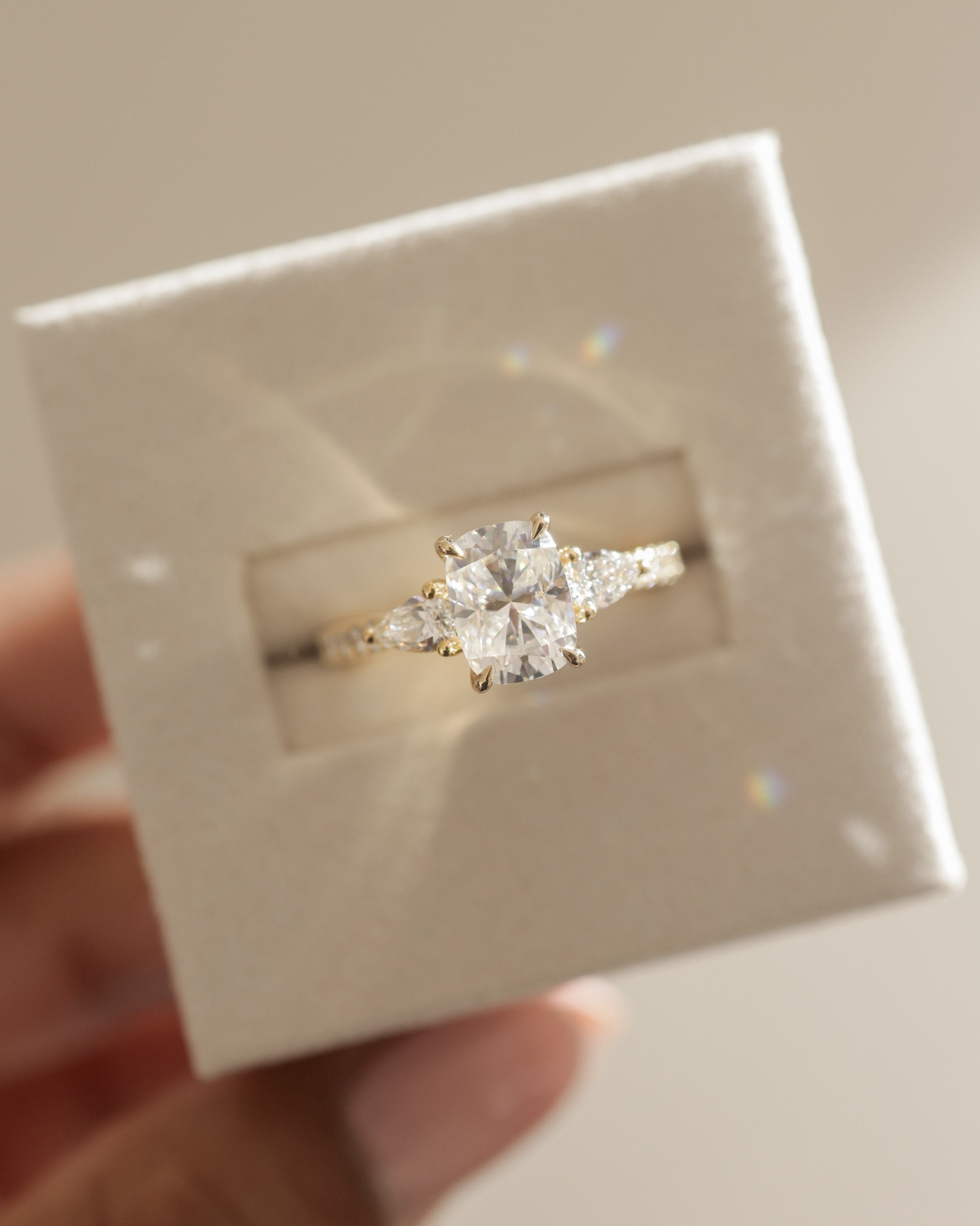 2.0 CT Elongated Cushion Shape Moissanite Three Stone & Pave Engagement Ring