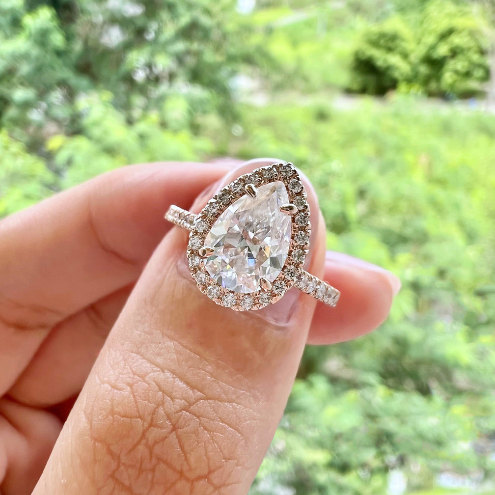 2.1 CT Pear Cut Halo Pave Moissanite Engagement Ring - crownmoissanite