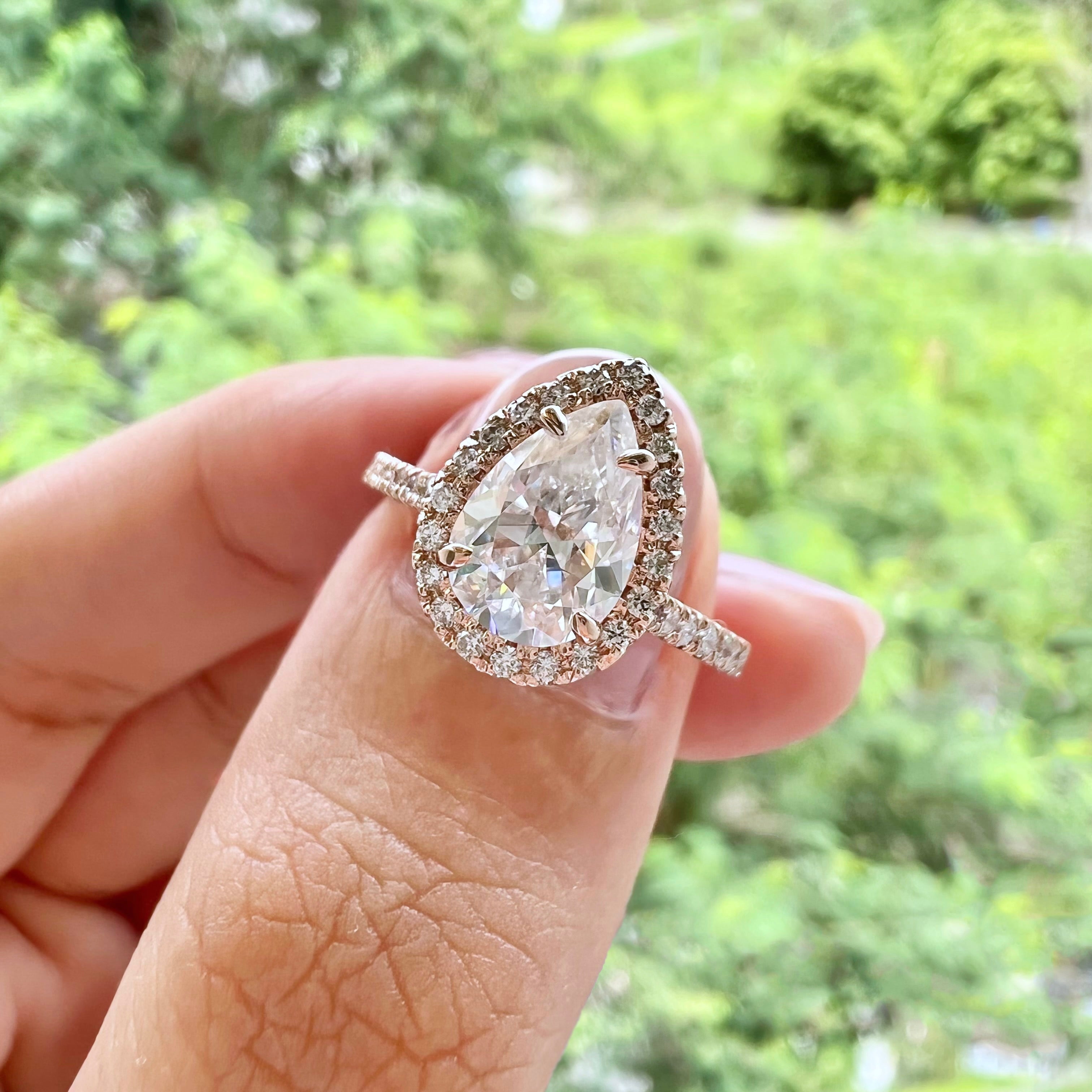 2.1 CT Pear Cut Halo Pave Moissanite Engagement Ring - crownmoissanite