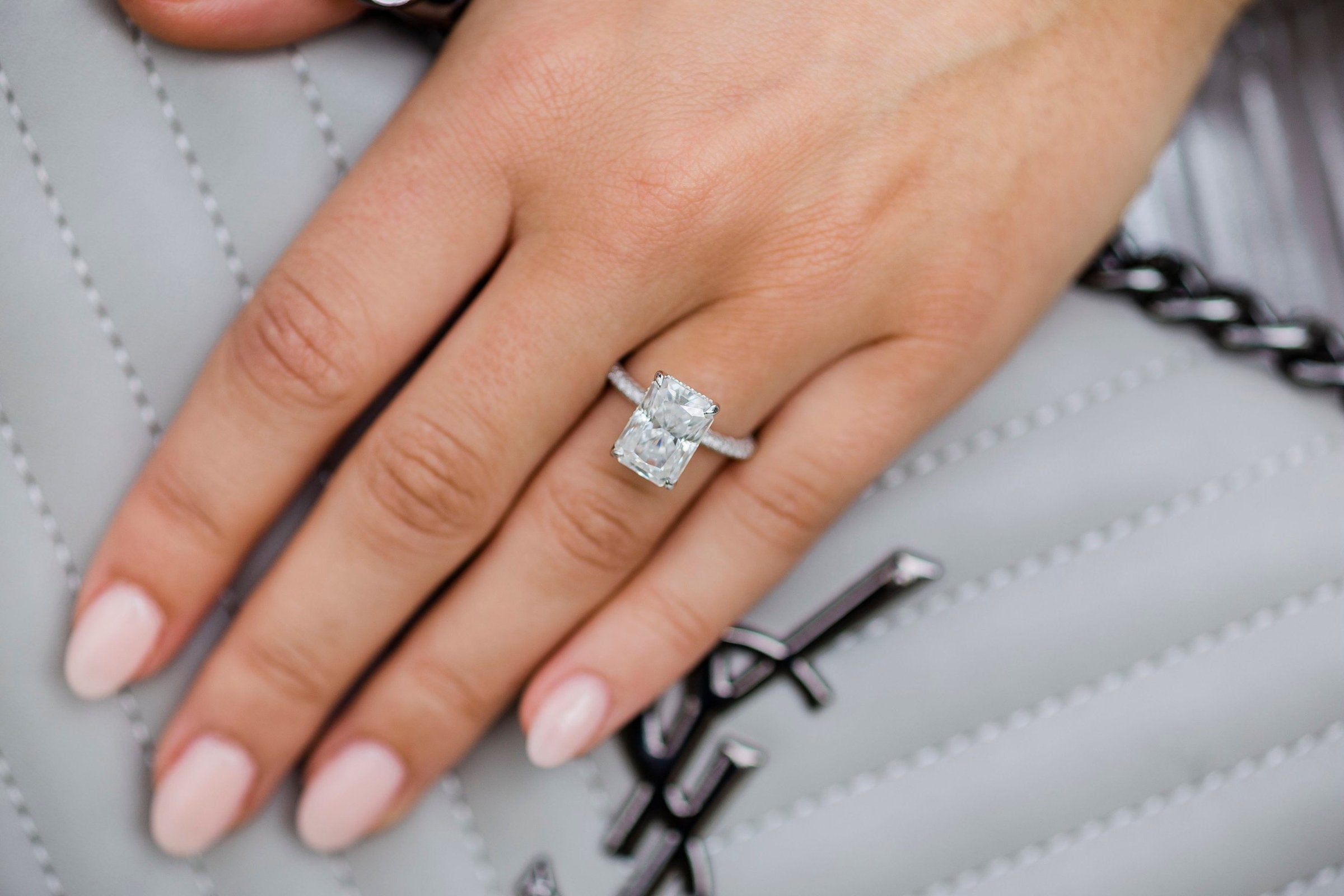 4.60 CT Radiant Solitaire Hidden Halo & Pave Moissanite Engagement Ring - crownmoissanite