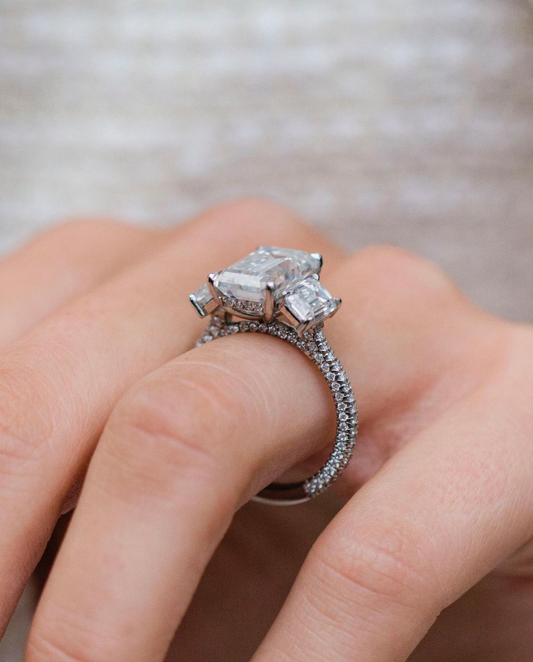 3.80 CT Emerald Three Stone Moissanite Engagement Ring - crownmoissanite