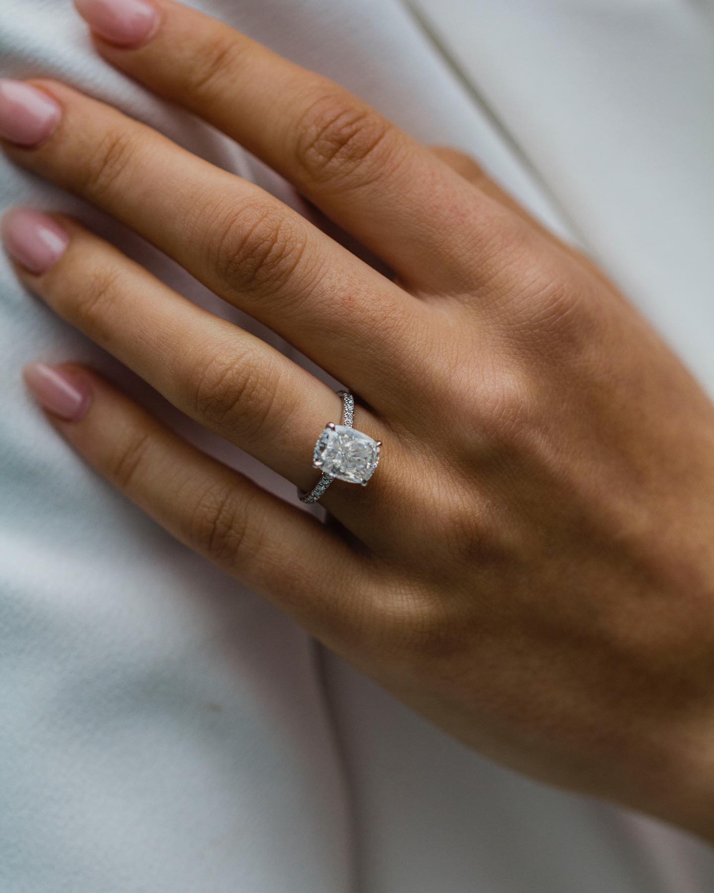 3.20 CT Cushion Solitaire Hidden Halo & Pave Moissanite Engagement Ring - crownmoissanite