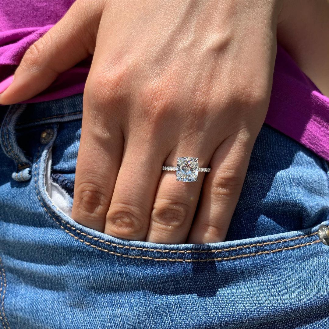 1.5 CT Cushion Solitaire & Pave Moissanite Engagement Ring - crownmoissanite