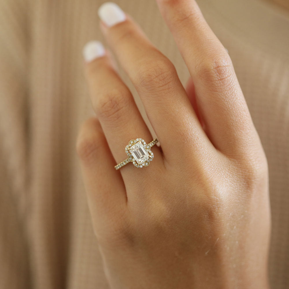 1.55 CT Emerald Shaped Moissanite Cluster Engagement Ring - crownmoissanite