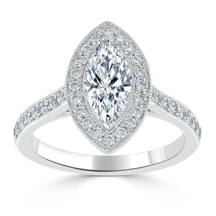 1.0 CT Marquise Cut Halo Moissanite Engagement Ring With Pave Setting - crownmoissanite