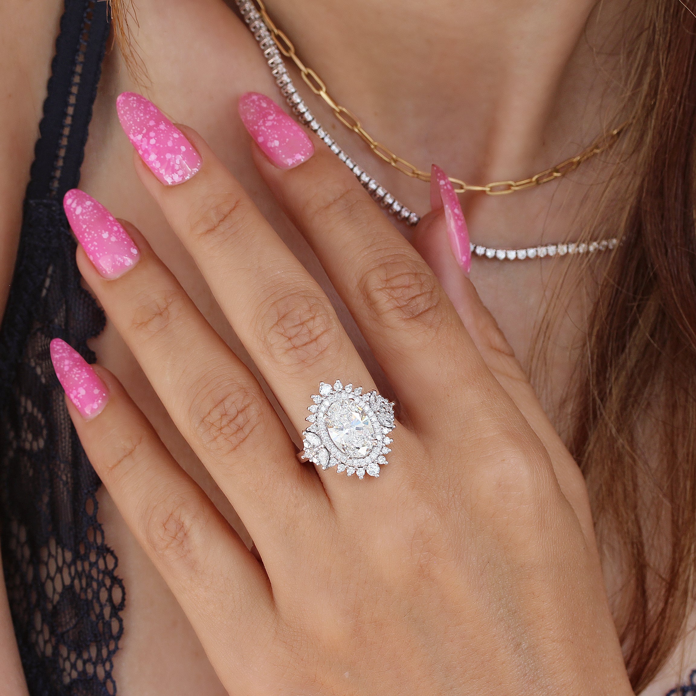 3.0 CT Oval Moissanite Double Halo Engagement Ring