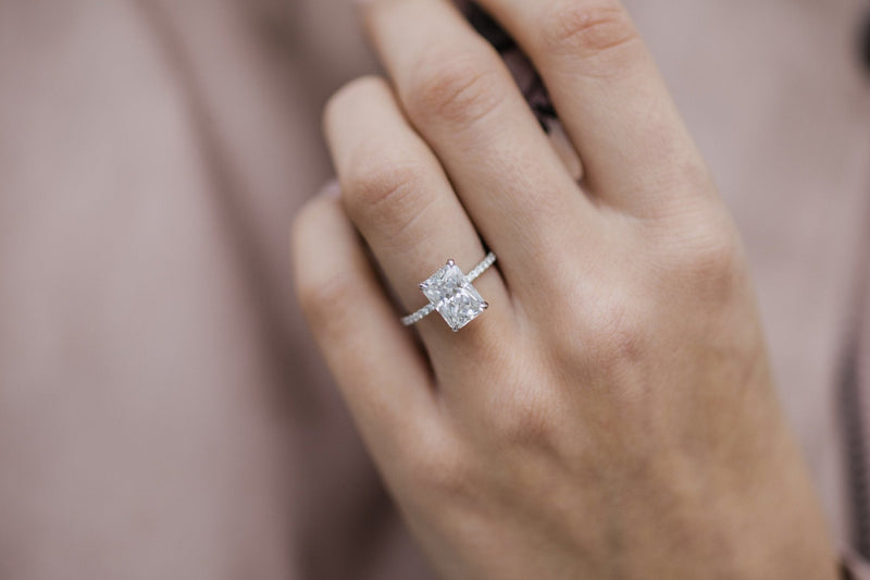 1.70 - 3.70 CT Radiant Solitaire Hidden Halo & Pave Moissanite Engagement Ring - crownmoissanite