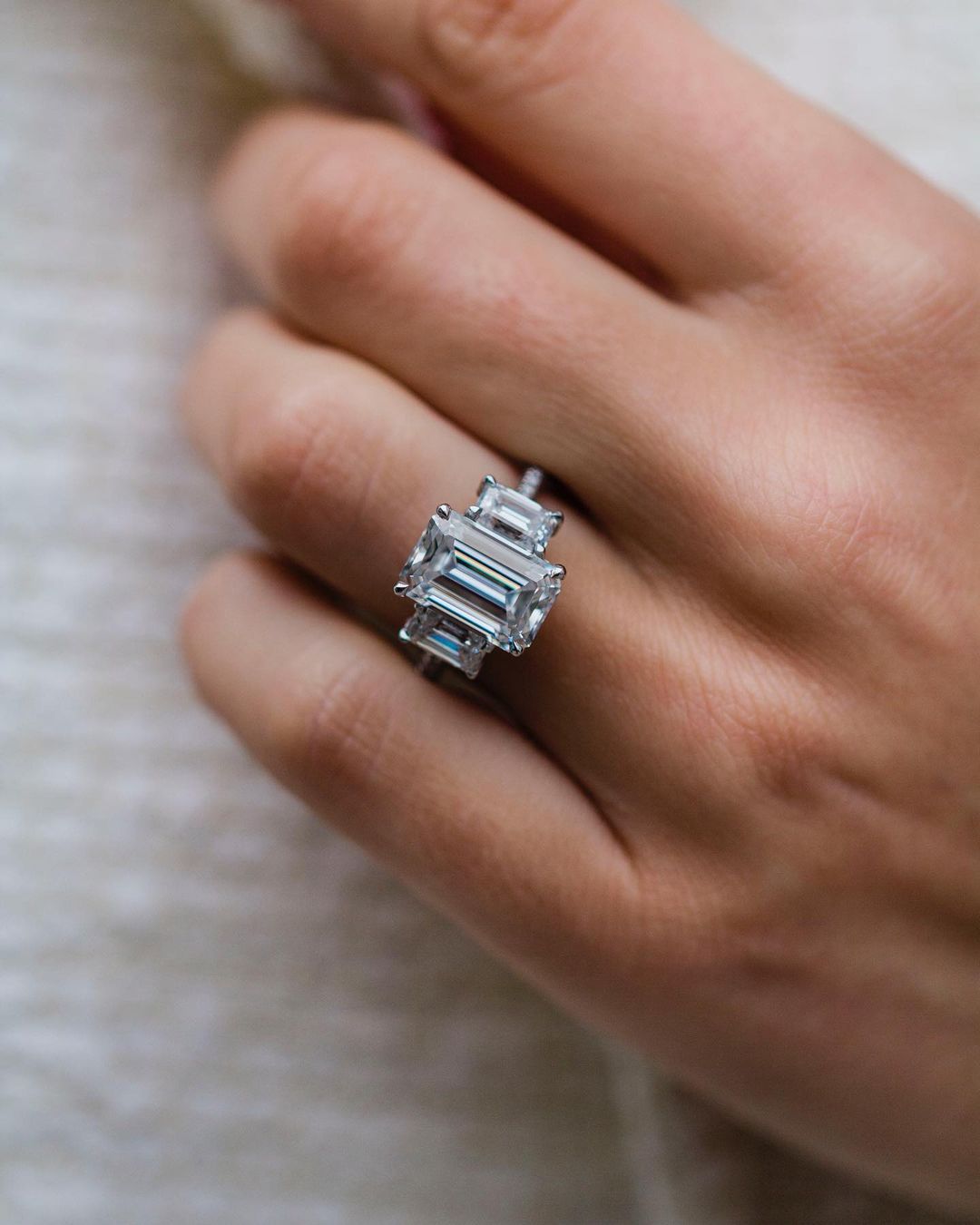 3.80 CT Emerald Three Stone Moissanite Engagement Ring - crownmoissanite