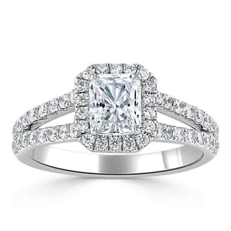 0.75 CT Radiant Cut Halo Split Shank Style Moissanite Engagement Ring - crownmoissanite