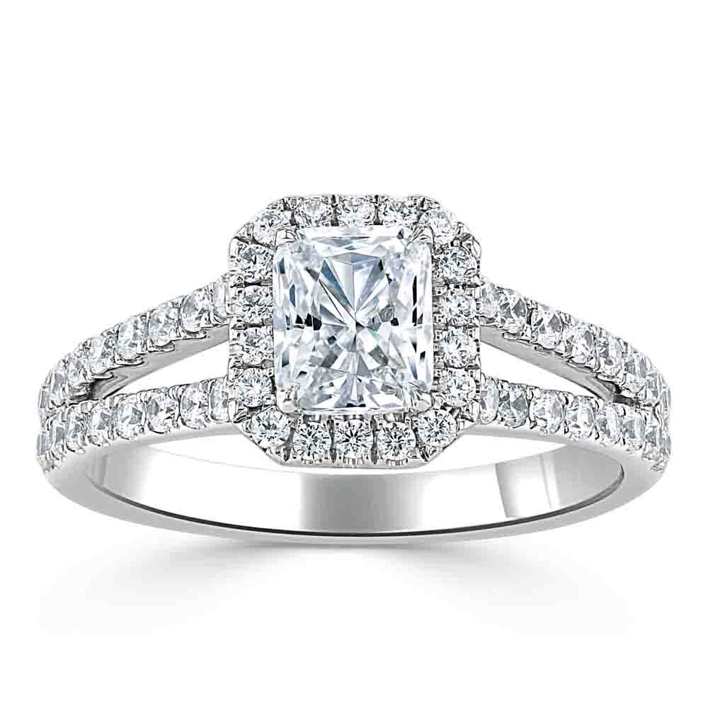0.75 CT Radiant Cut Halo Split Shank Style Moissanite Engagement Ring - crownmoissanite
