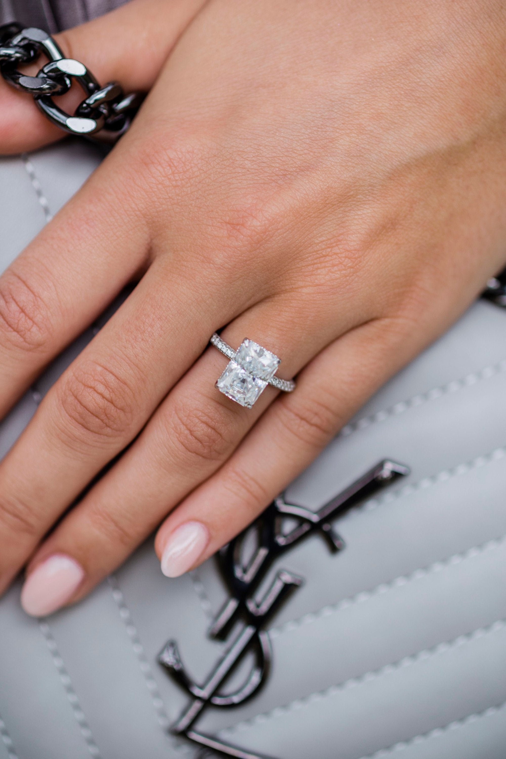 4.60 CT Radiant Solitaire Hidden Halo & Pave Moissanite Engagement Ring - crownmoissanite