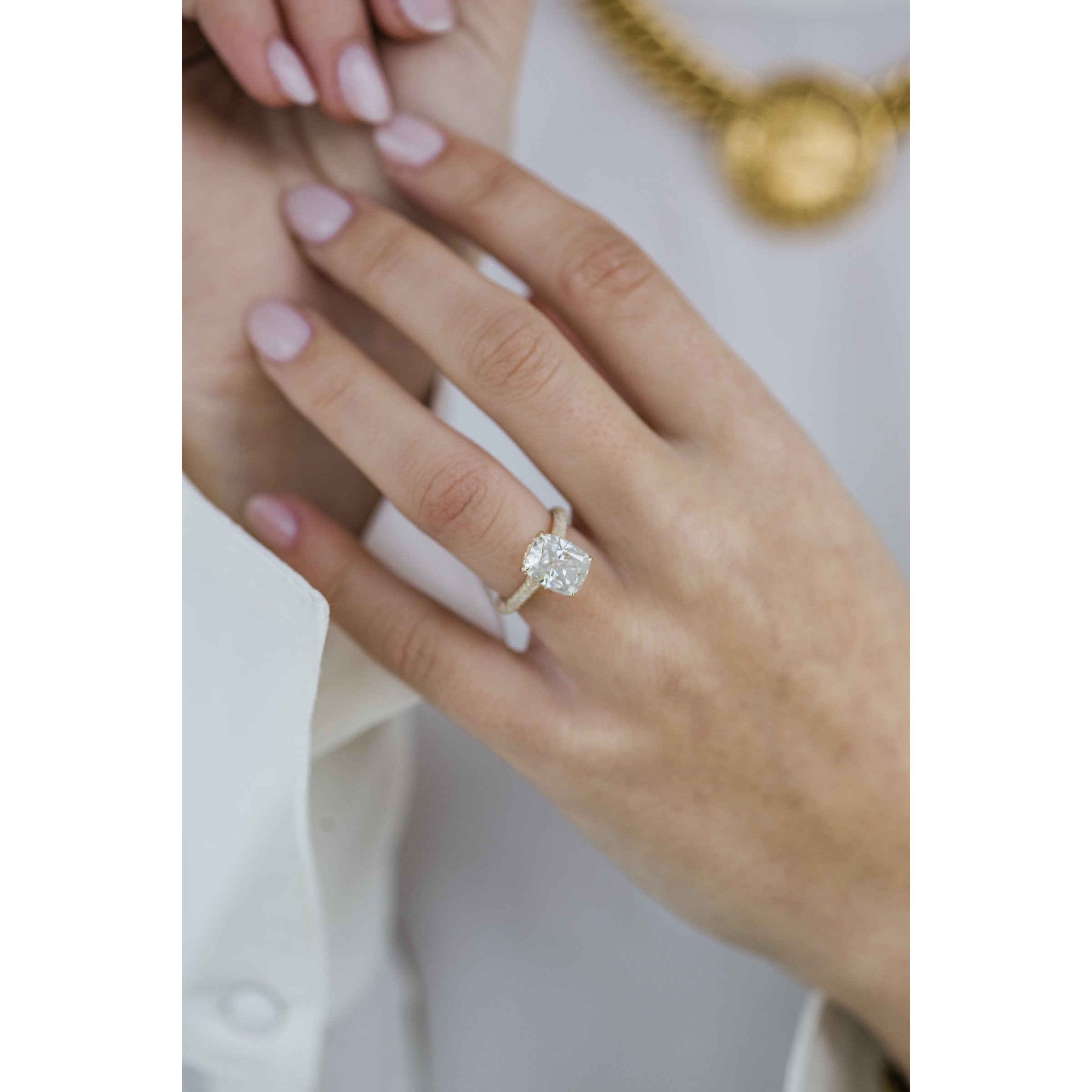 3.20 CT Elongated Cushion Solitaire Hidden Halo Moissanite Engagement Ring - crownmoissanite