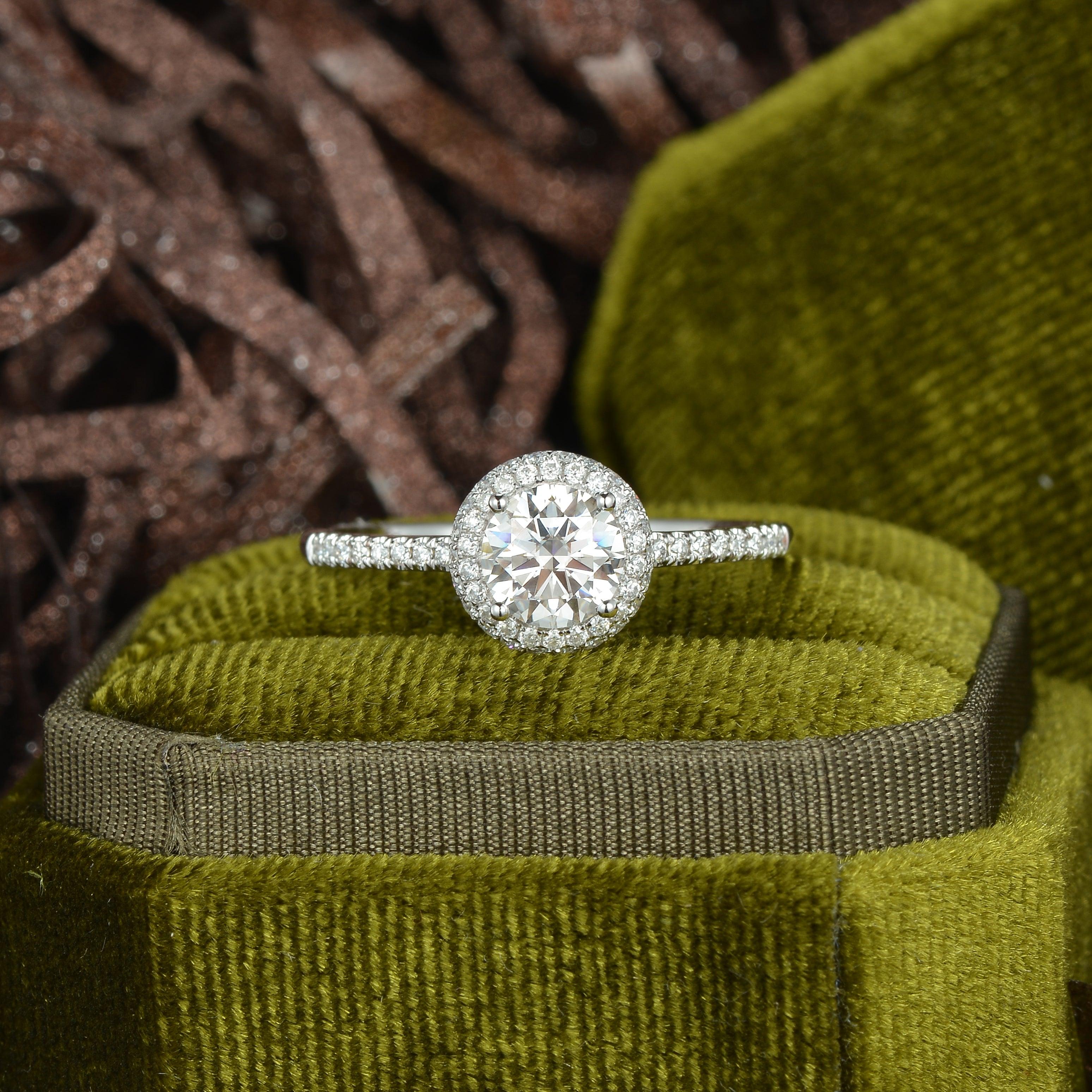 1.0 CT Round Cut Halo Pave Moissanite Engagement Ring - crownmoissanite