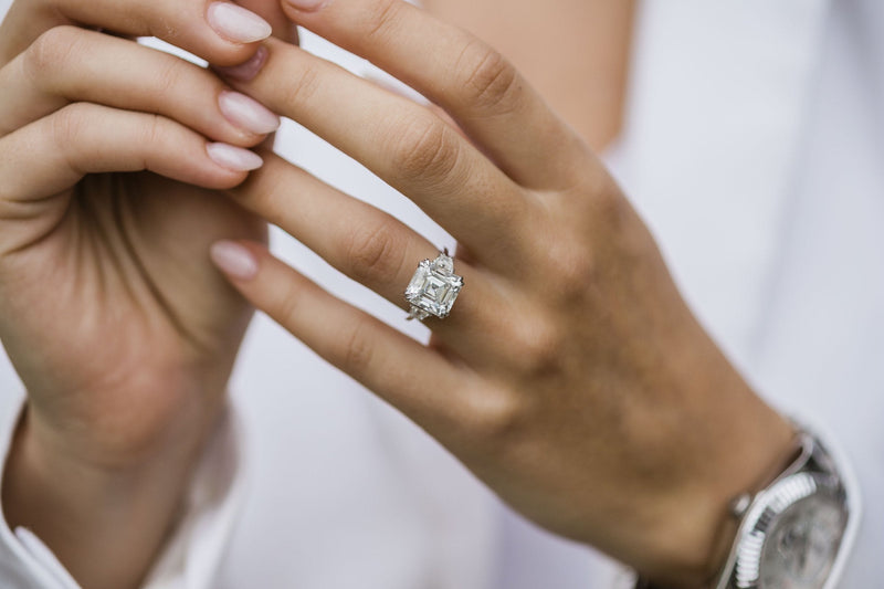 4.10 CT Asscher Three Stone Moissanite Engagement Ring - crownmoissanite