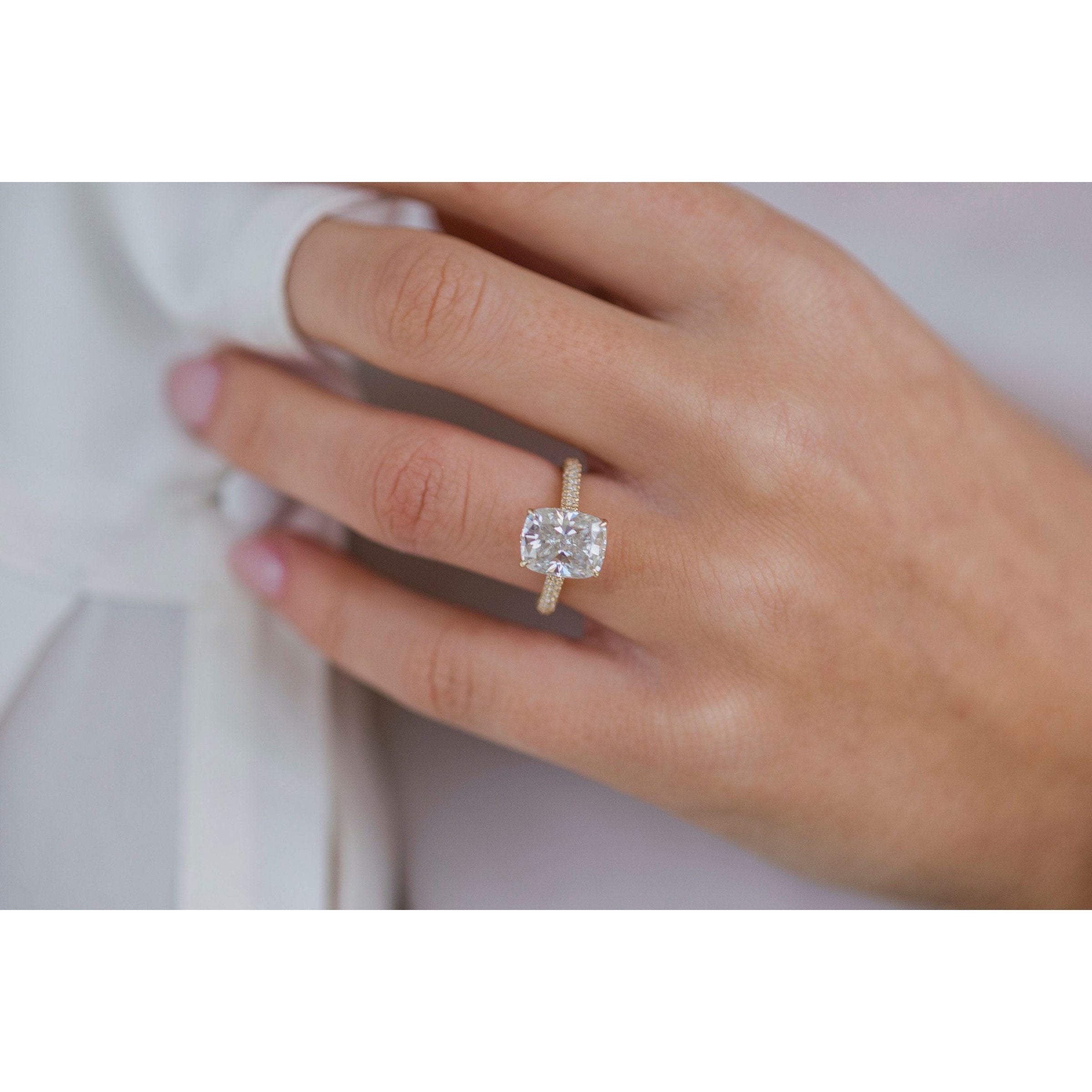 3.20 CT Elongated Cushion Solitaire Hidden Halo Moissanite Engagement Ring - crownmoissanite