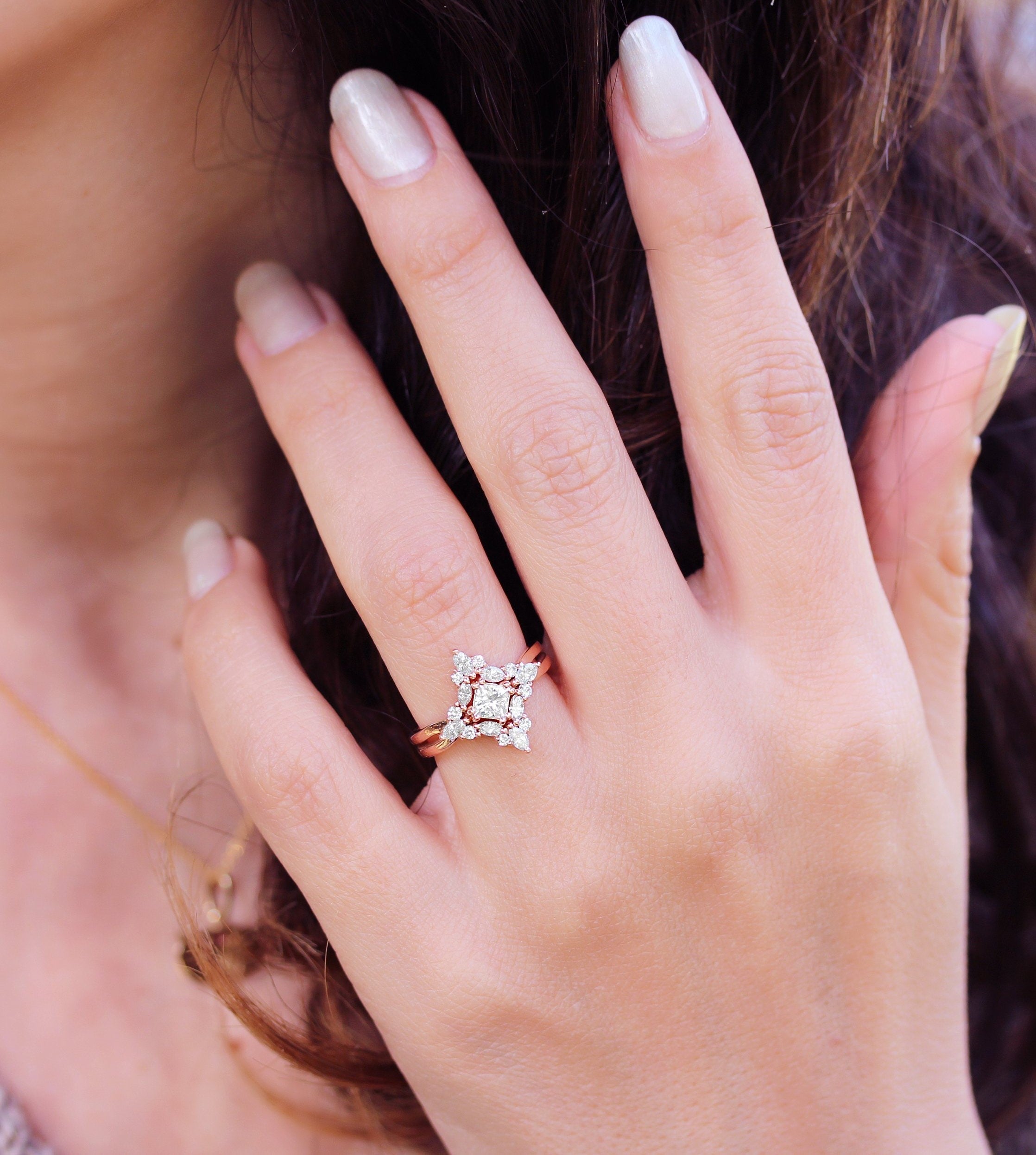 0.50 CT Princess Cut Halo Moissanite Bridal Ring Set