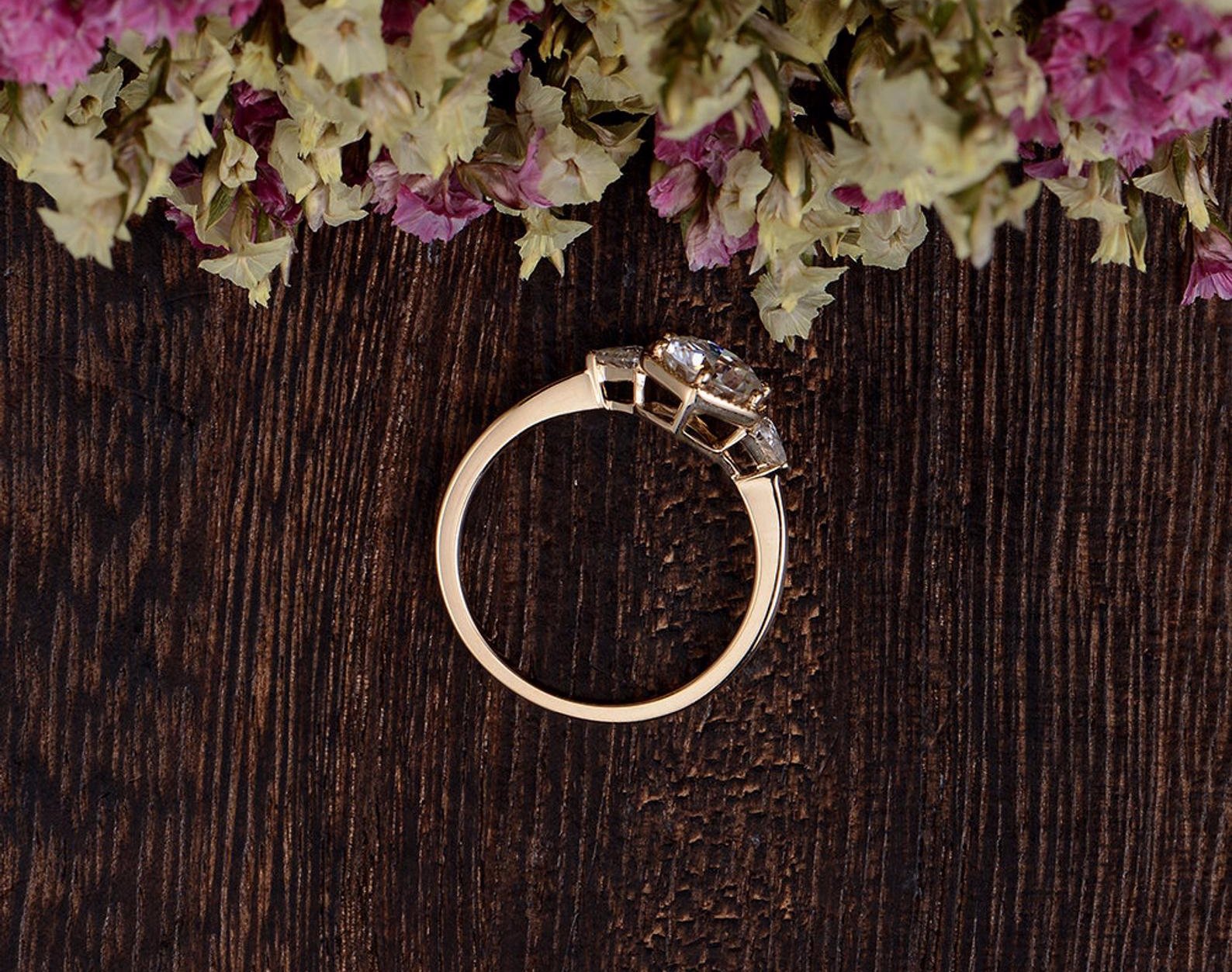 0.75 CT Oval Shaped Moissanite Milgrain Three Stones Engagement Ring - crownmoissanite