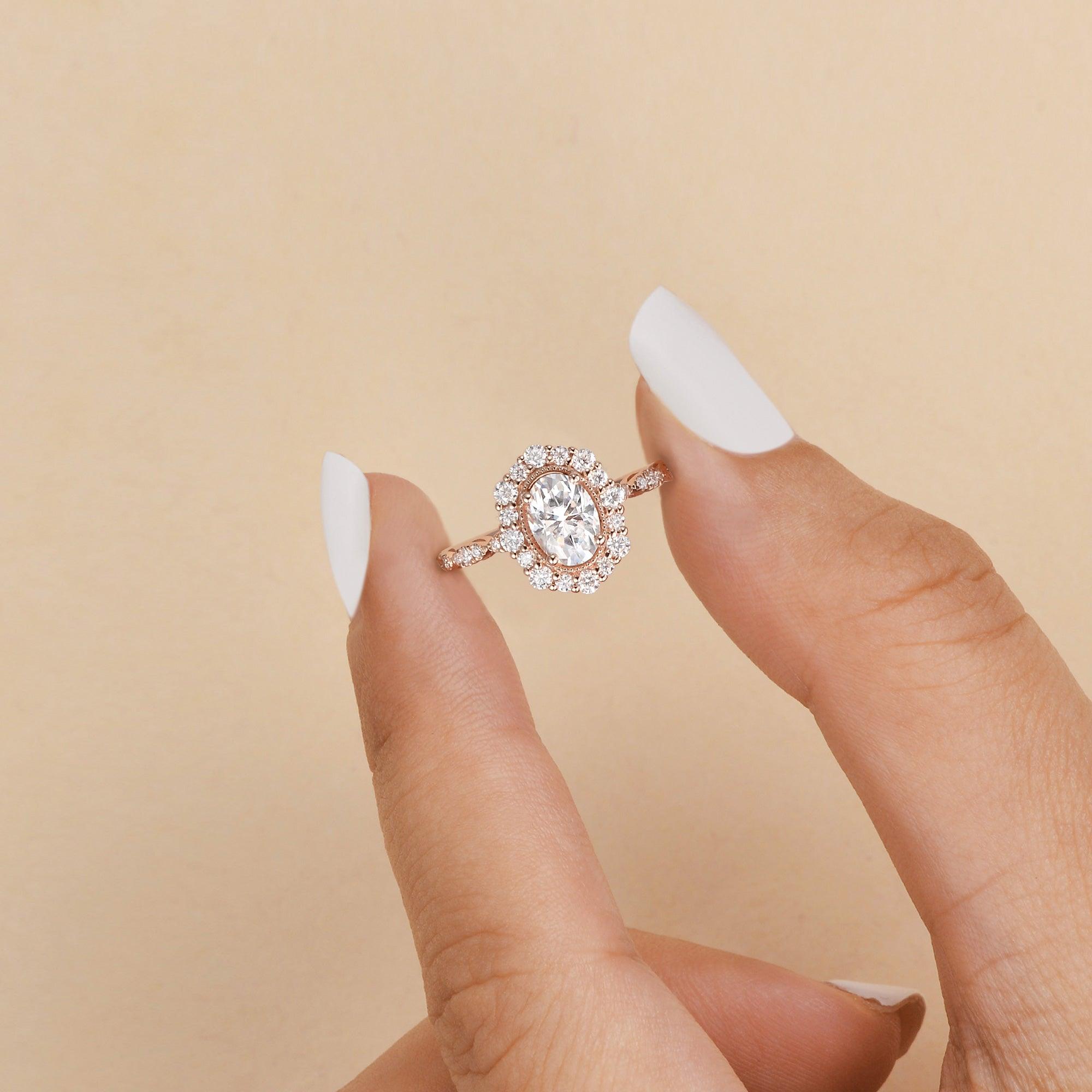 0.94 CT Oval Cut Halo & Pave Moissanite Engagement Ring - crownmoissanite