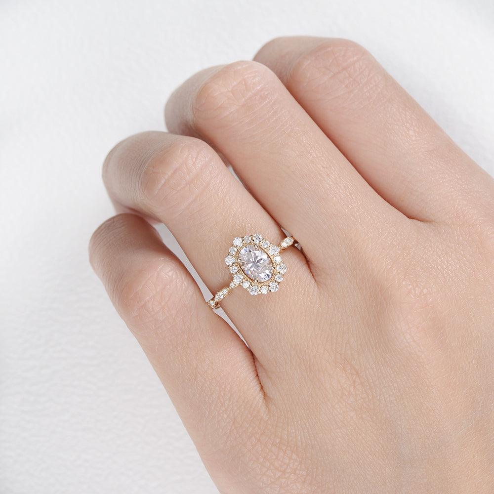 0.94 CT Oval Cut Halo & Pave Moissanite Engagement Ring - crownmoissanite