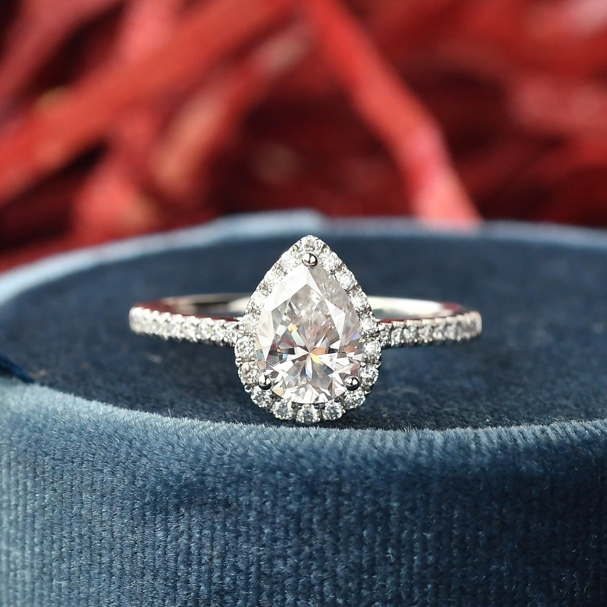 1.25 CT Pear Cut Halo Pave Moissanite Engagement Ring - crownmoissanite