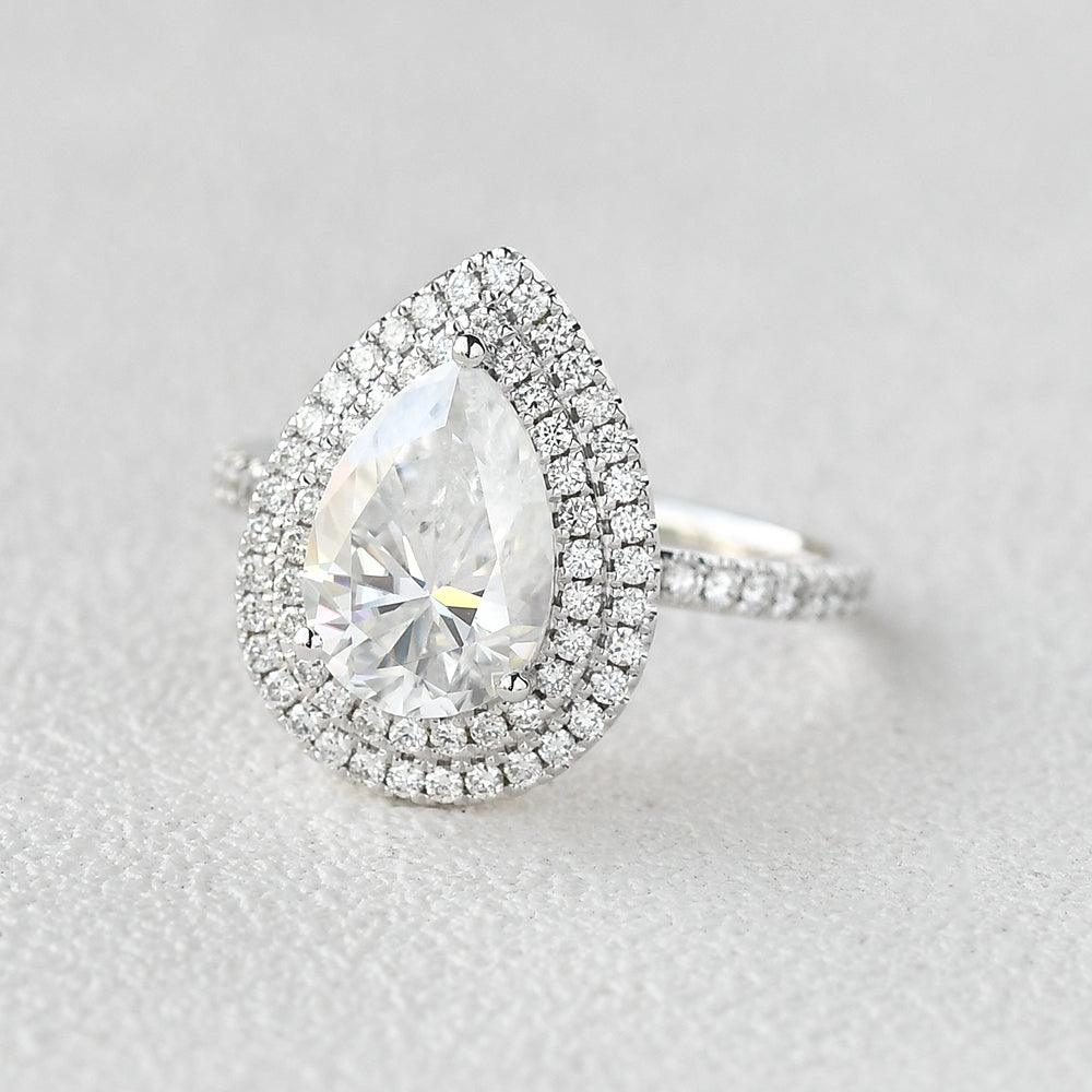1.33 CT Pear Double Halo Pave Moissanite Engagement Ring - crownmoissanite