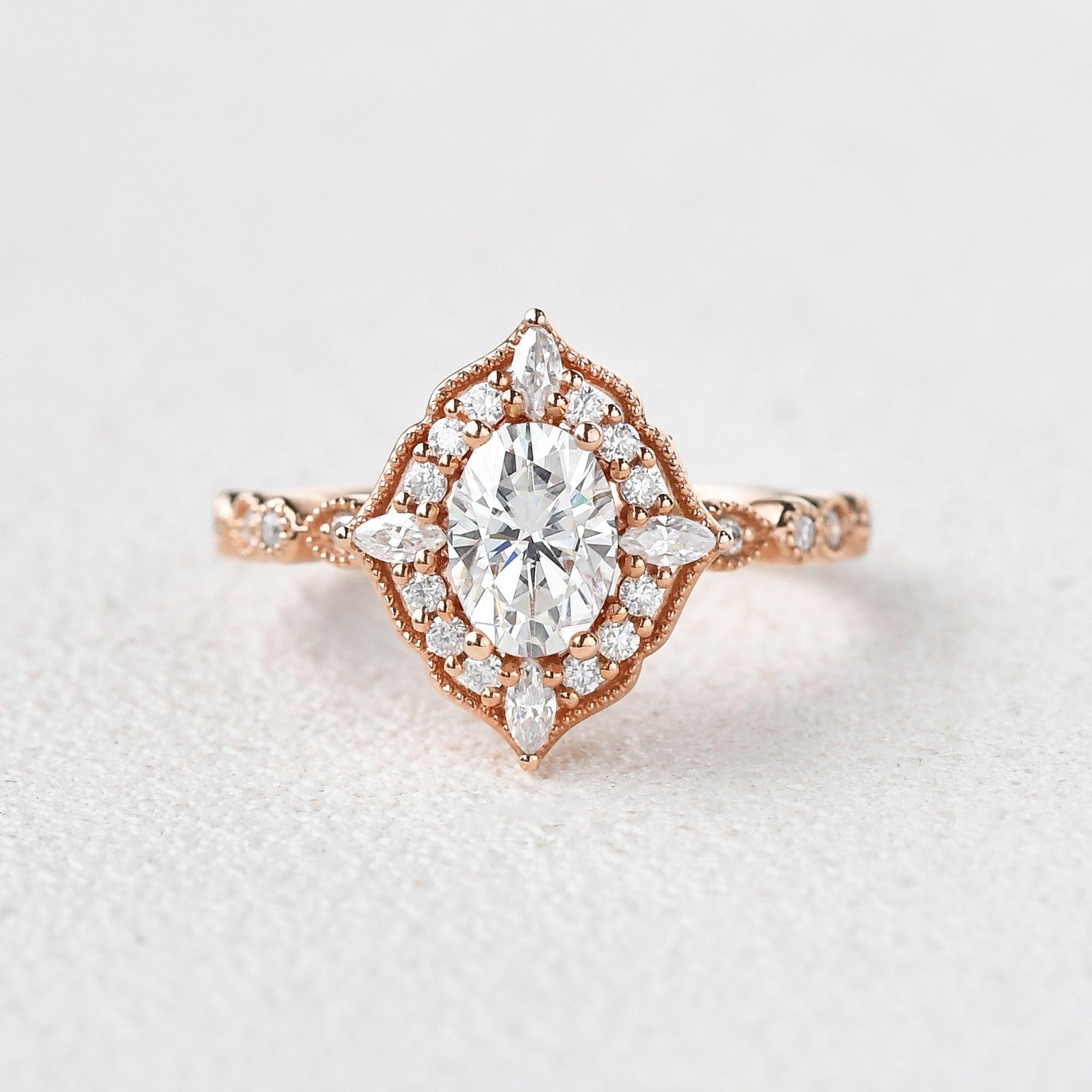 0.94 CT Oval Cut Cluster Halo & Pave Moissanite Engagement Ring - crownmoissanite
