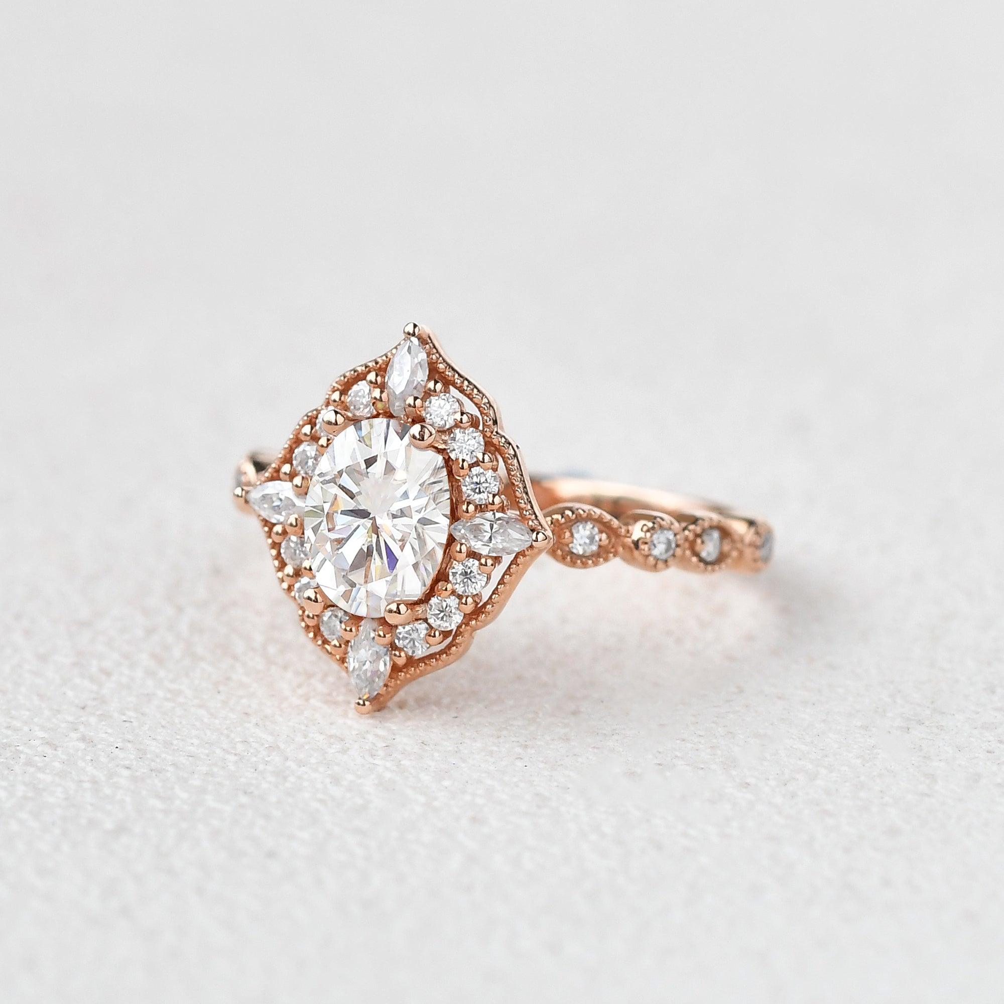 0.94 CT Oval Cut Cluster Halo & Pave Moissanite Engagement Ring - crownmoissanite