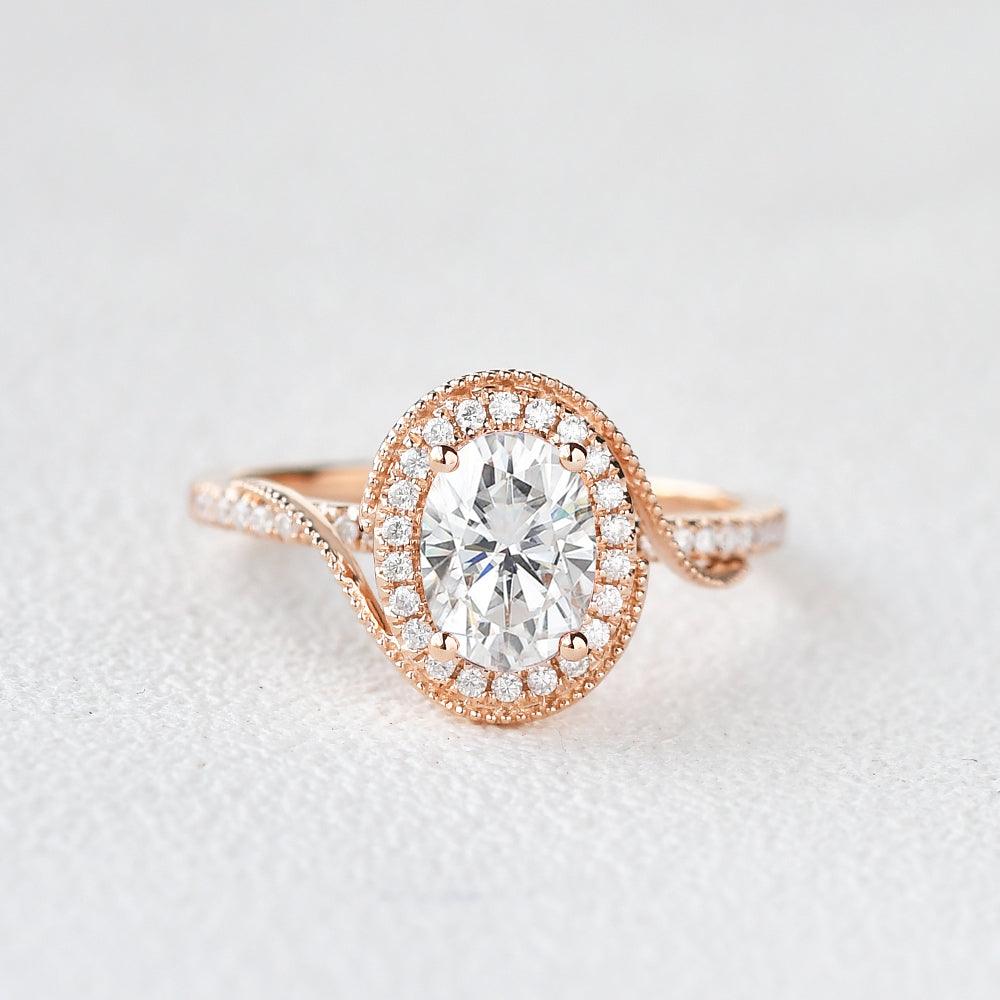 1.33 CT Oval Cut Halo Pave Moissanite Engagement Ring - crownmoissanite