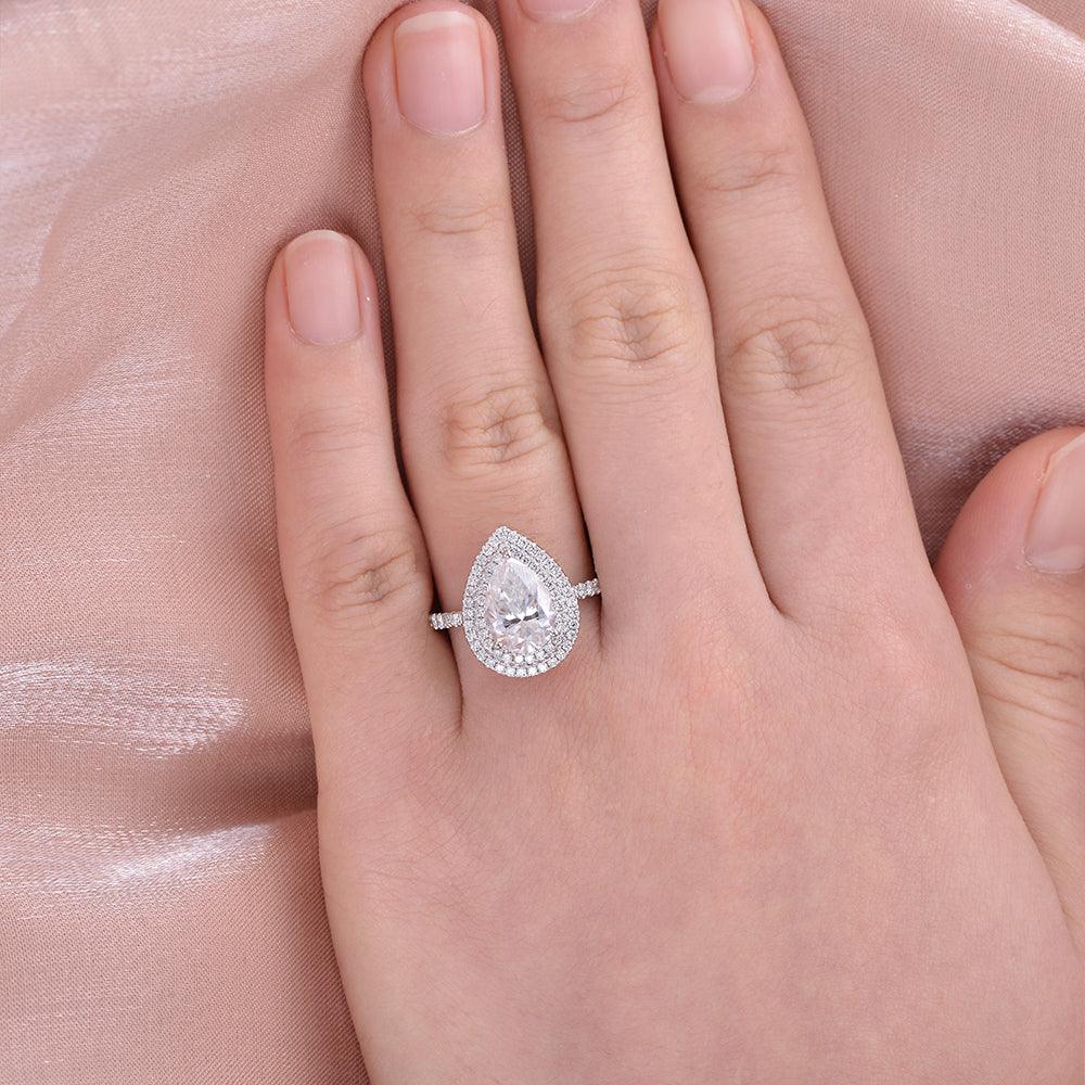 1.33 CT Pear Double Halo Pave Moissanite Engagement Ring - crownmoissanite