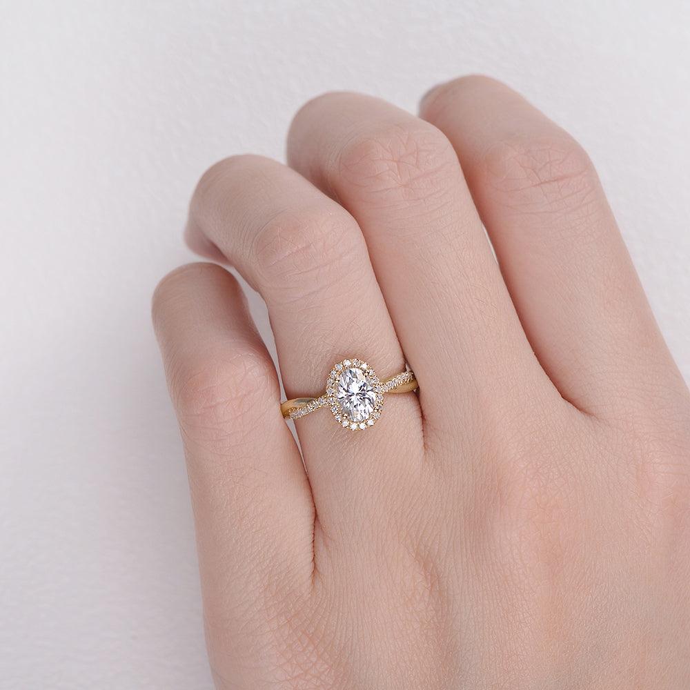 1.33 CT Oval Cut Halo Twisted Pave Moissanite Engagement Ring - crownmoissanite