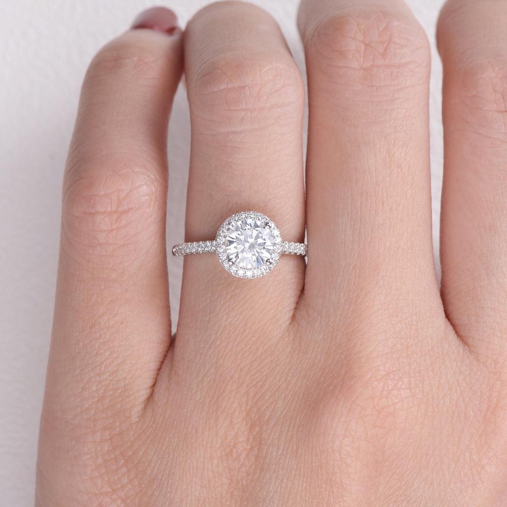 1.0 CT Round Cut Halo Pave Moissanite Engagement Ring - crownmoissanite
