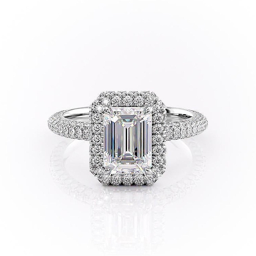 1.91 CT Emerald Cut Halo Triple Pave Setting Moissanite Engagement Ring - crownmoissanite