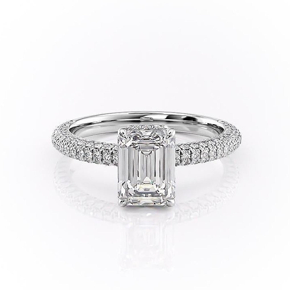 1.91 CT Emerald Cut Solitaire Triple Pave Setting Moissanite Engagement Ring - crownmoissanite