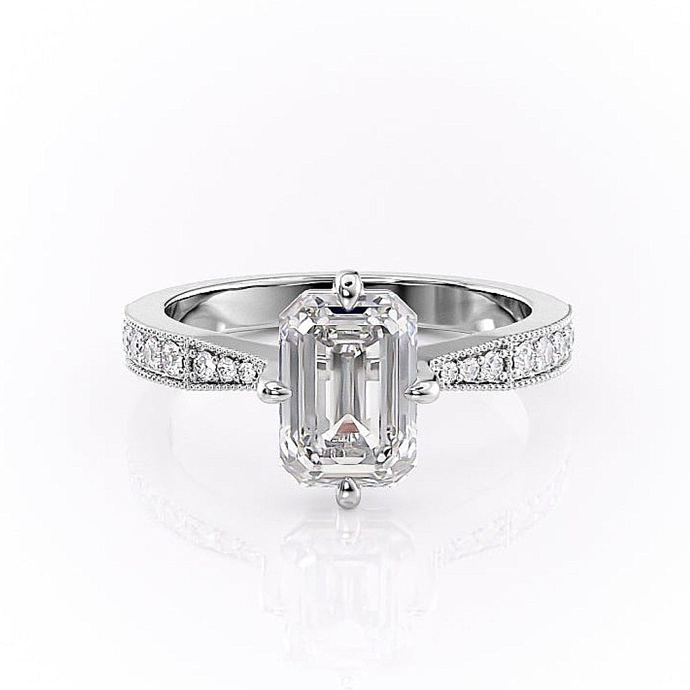 2.10 CT Emerald Cut Solitaire Pave Setting Moissanite Engagement Ring - crownmoissanite