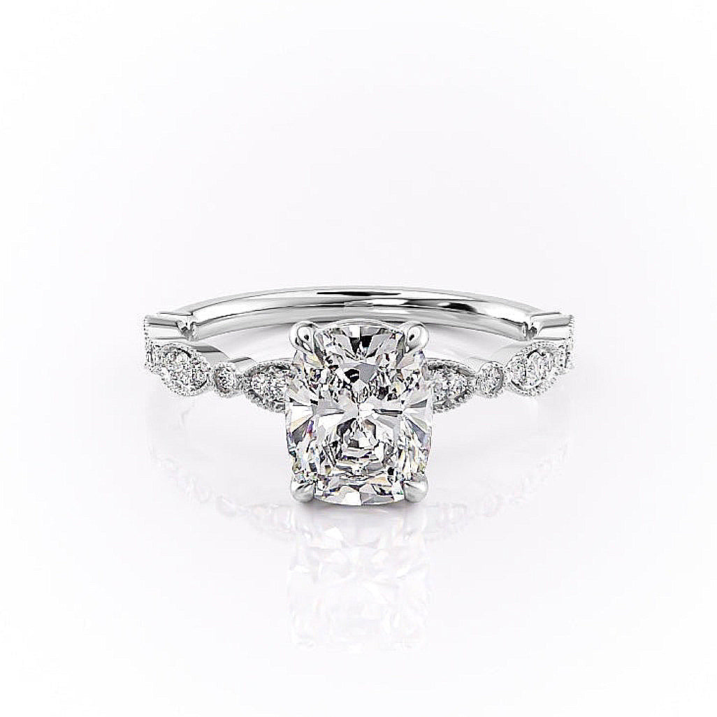 2.0 CT Cushion Cut Solitaire Milgrain Pave Setting Moissanite Engagement Ring - crownmoissanite