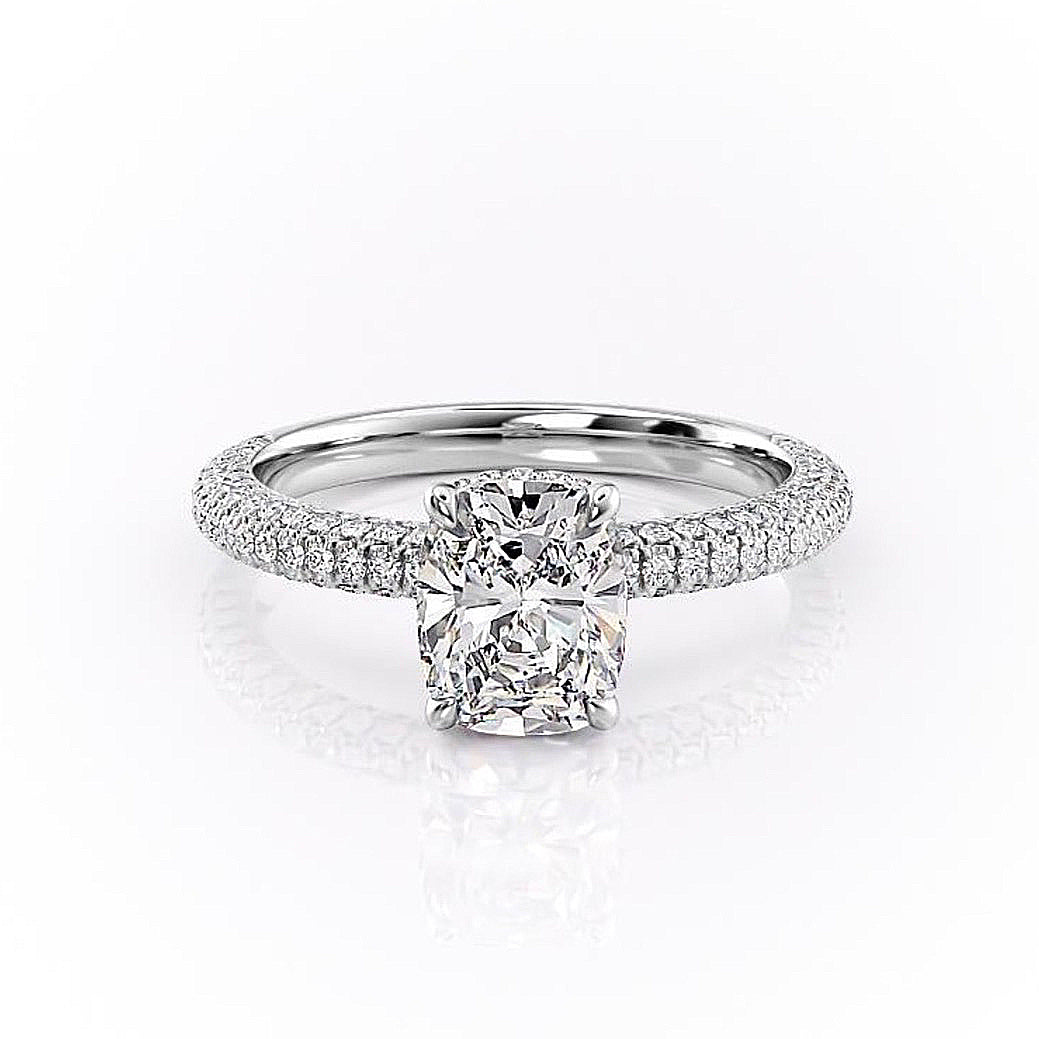 2.0 CT Elongated Cushion Cut Hidden Halo Triple Pave Moissanite Engagement Ring - crownmoissanite