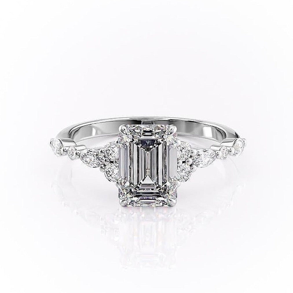 2.10 CT Emerald Cut Cluster Moissanite Engagement Ring - crownmoissanite