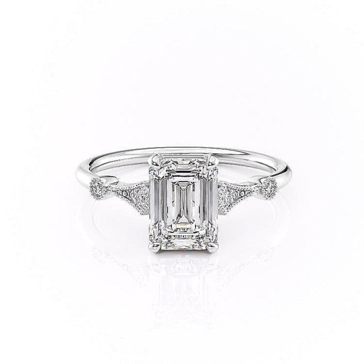 1.91 CT Emerald Cut Solitaire Milgrain Pave Set Moissanite Engagement Ring - crownmoissanite