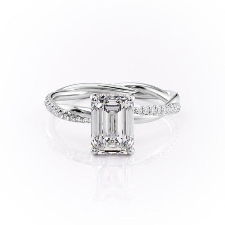 2.10 CT Emerald Cut Solitaire Twisted Pave Moissanite Engagement Ring - crownmoissanite