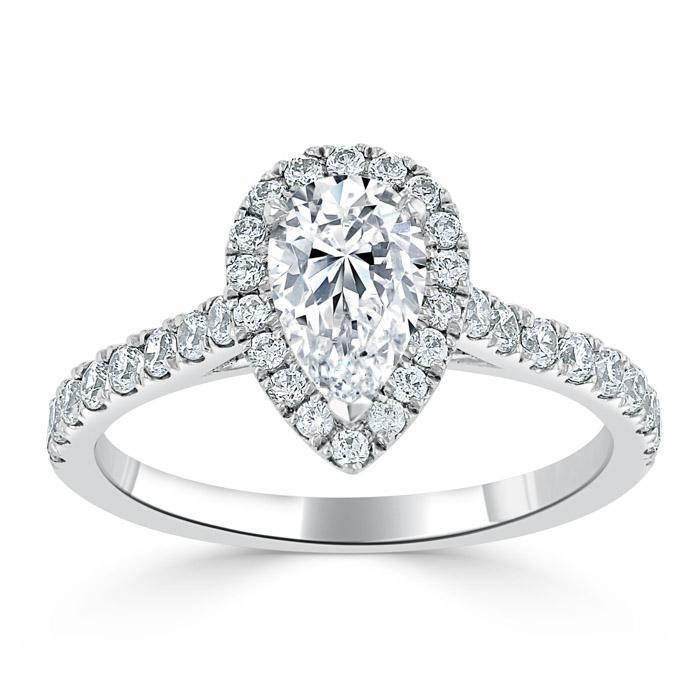 1.0 CT Pear Cut Halo Moissanite Engagement Ring With Pave Setting - crownmoissanite
