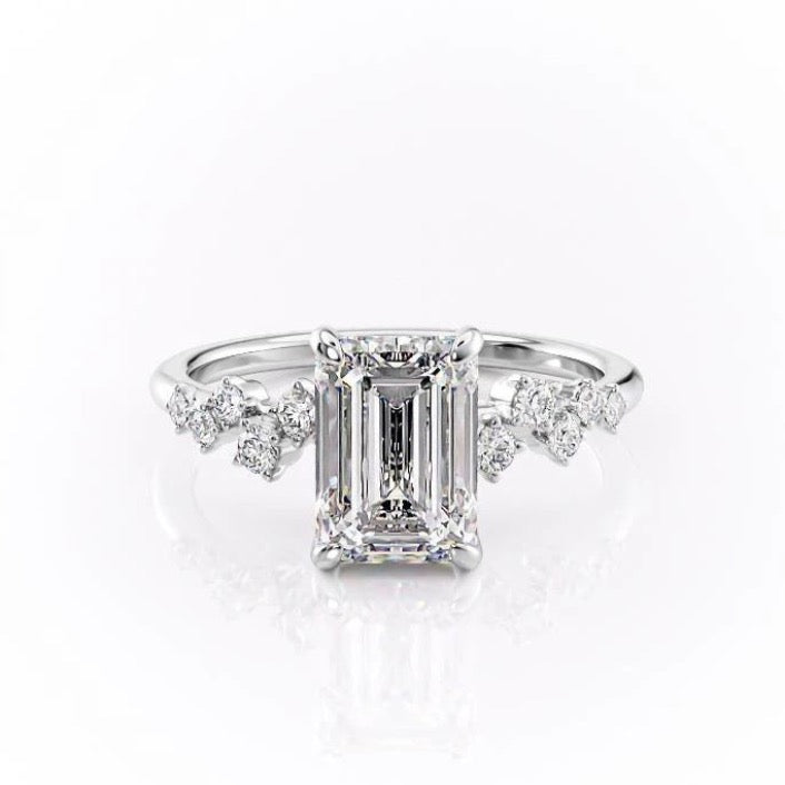2.10 CT Emerald Cut Cluster Moissanite Engagement Ring - crownmoissanite